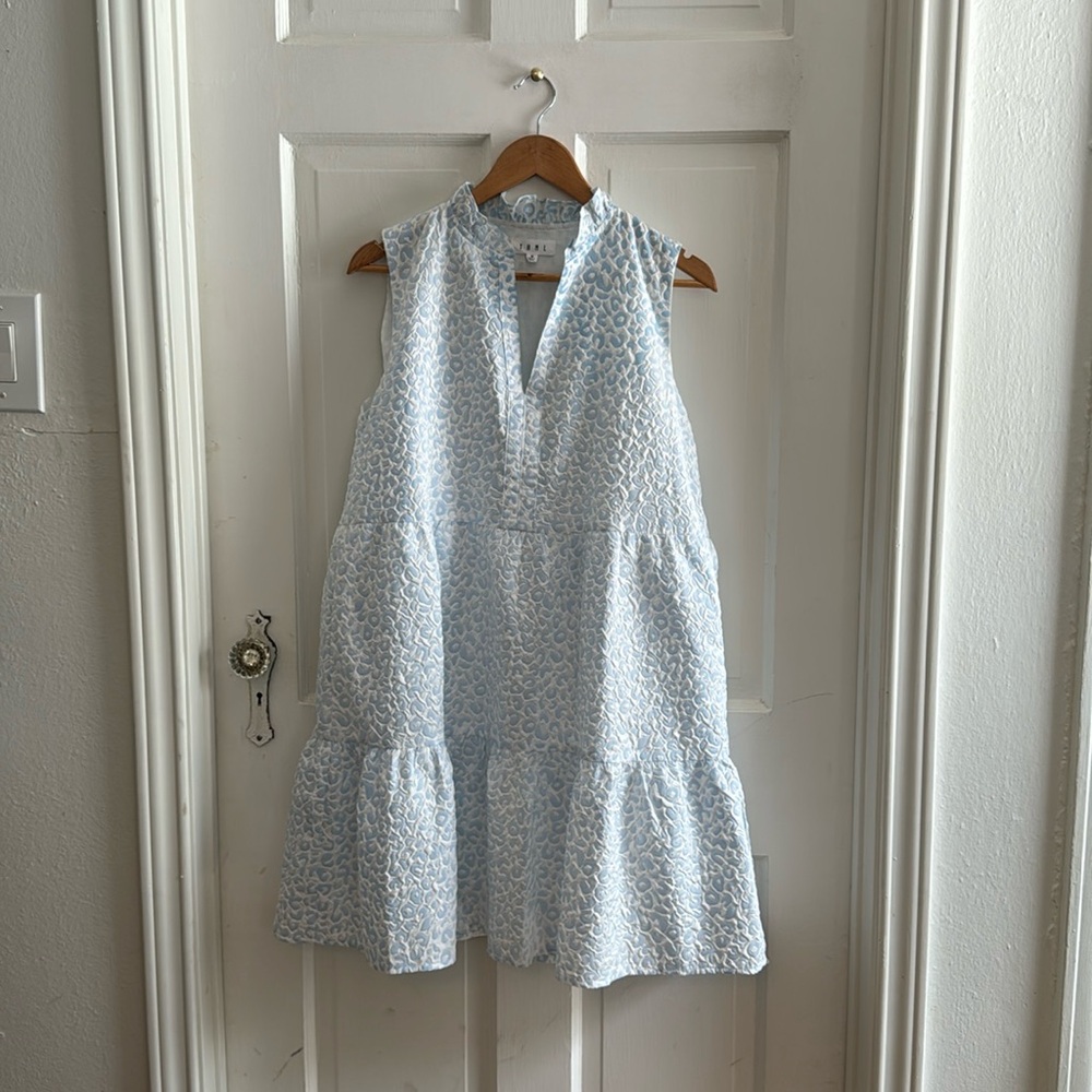 THML Ruffle Neck Light Blue Cheetah Print Dress  -Large